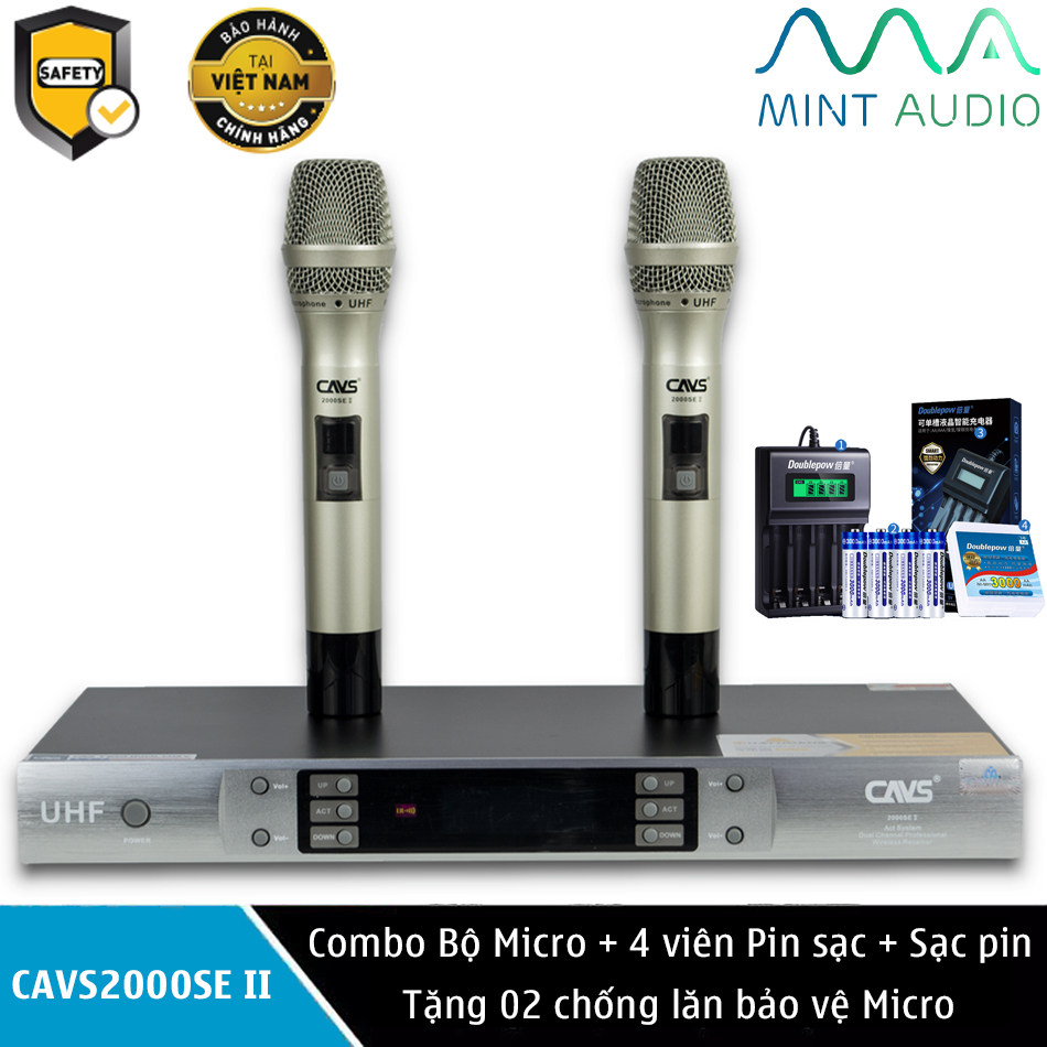 Combo micro karaoke không dây cavs 2000se ii + bộ 4 viên pin sạc 3000 mah + sạc pin