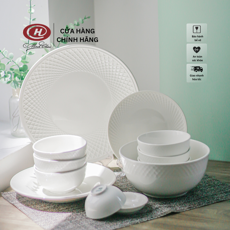 Bộ bát đĩa 12 món viền sần trắng trơn - sứ minh châu - vỡ 1 đổi 1