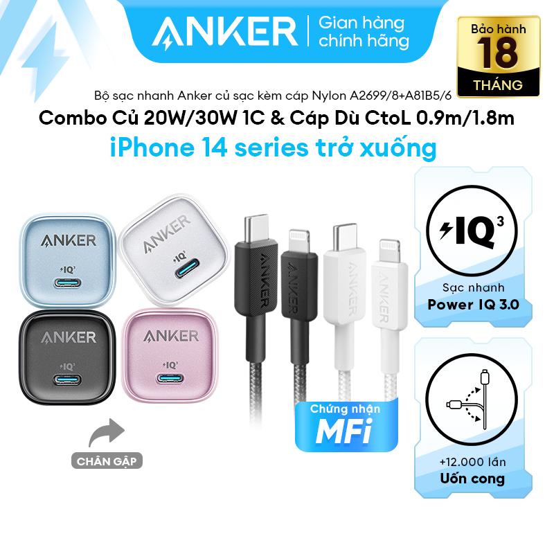   Combo 20W 30W Củ Zolo & Cáp Dù   Dành cho iPhone 8 đến iPhone 14  Combo sạc nhanh Anker 20W 30W - Củ sạc nhanh Anker Zolo GaN 20W 30W 01 cổng USB-C chân gập & Cáp sạc nhanh Anker 322 MFi bọc dù chắc chắn - A2699 8+A81B5 6 