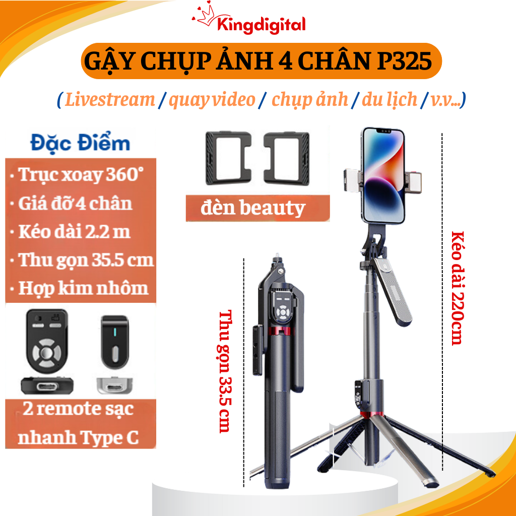 Giá đỡ điện thoại livestream P325 - Gậy chụp ảnh 4 chân cao 2.2m - Tripod điện thoại quay video, chụp ảnh, mang theo du lịch, cân chỉnh 320 độ có remote và đèn trợ sáng