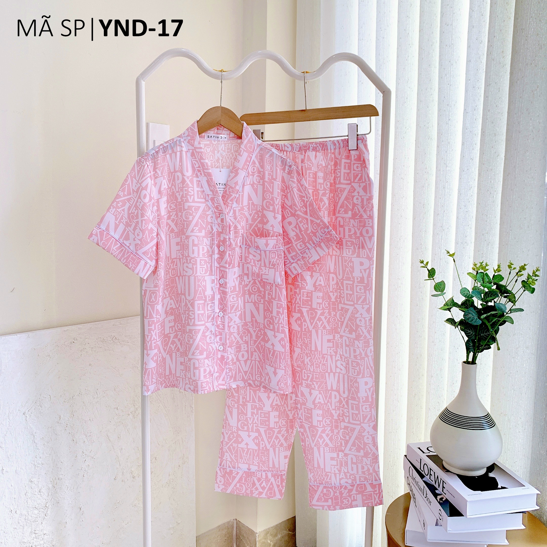 Đồ bộ mặc nhà, đồ ngủ, pijama nữ lụa tnqd satino cổ y - happer pink & emmy black