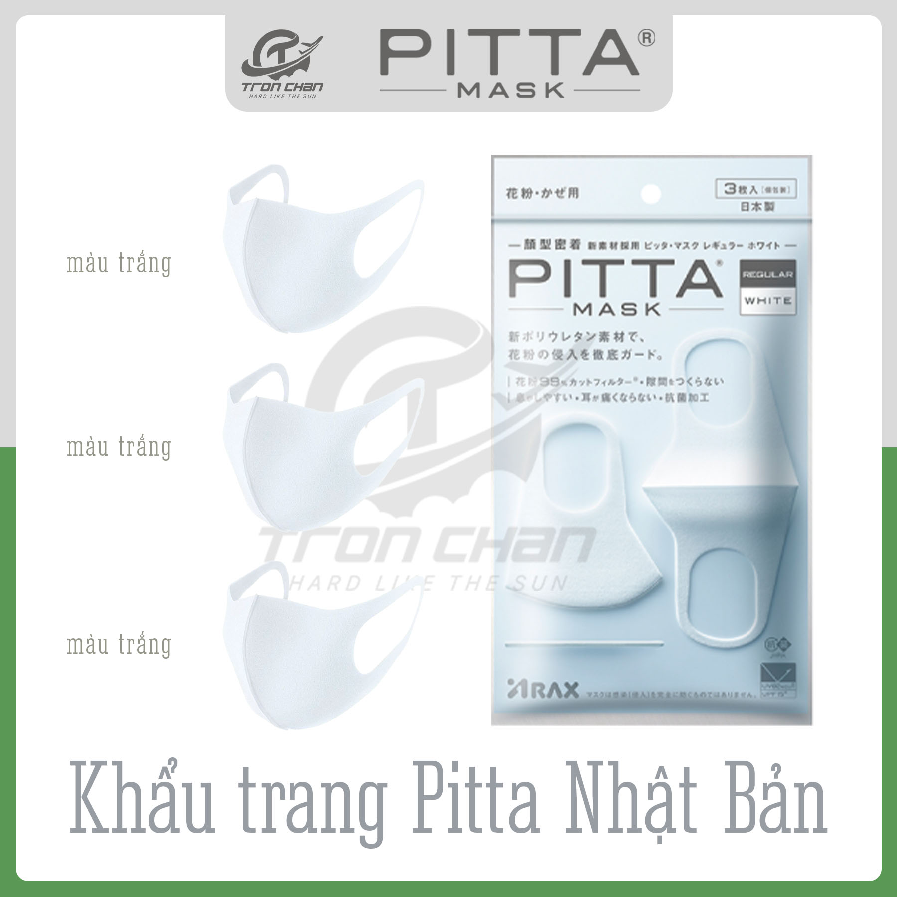Khẩu Trang Pitta Nhật Bản Màu Trắng Size Regular - Gói 3 cái