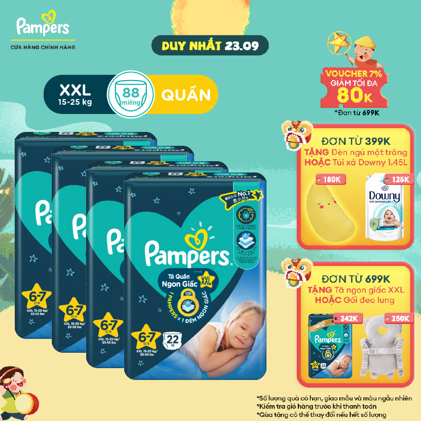 Combo 4 Tã/ Bỉm Quần PAMPERS Ngon Giấc Size XXL Khô Thoáng Suốt Đêm