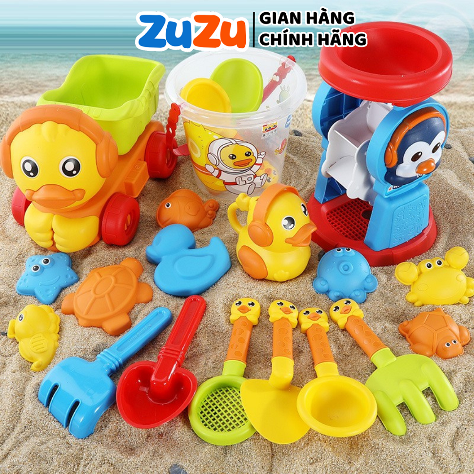 Đồ chơi xúc cát bãi biển gồm xe chở cát, xô, xẻng, cào, máy xay cát, đồng hồ cát, máy lọc cát, dụng cụ xúc cát