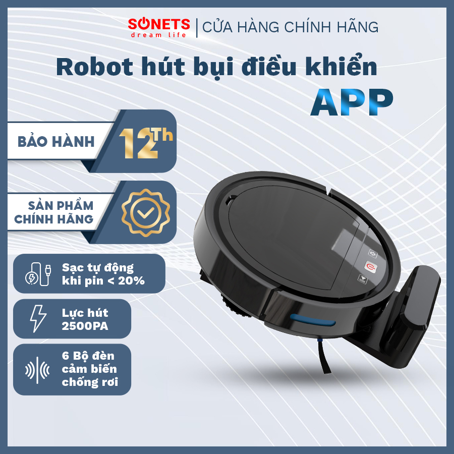 Robot hút bụi tự sạc pin sonets robot hút bụi lau nhà cảm biến chống rơi điều khiển từ xa bằng điện thoại thông minh