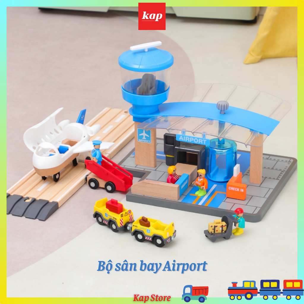 Playtive Junior - Bộ đô chơi máy bay kèm theo sân bay - Sản phẩm chơi kèm với mô hình đường ray xe lửa gỗ