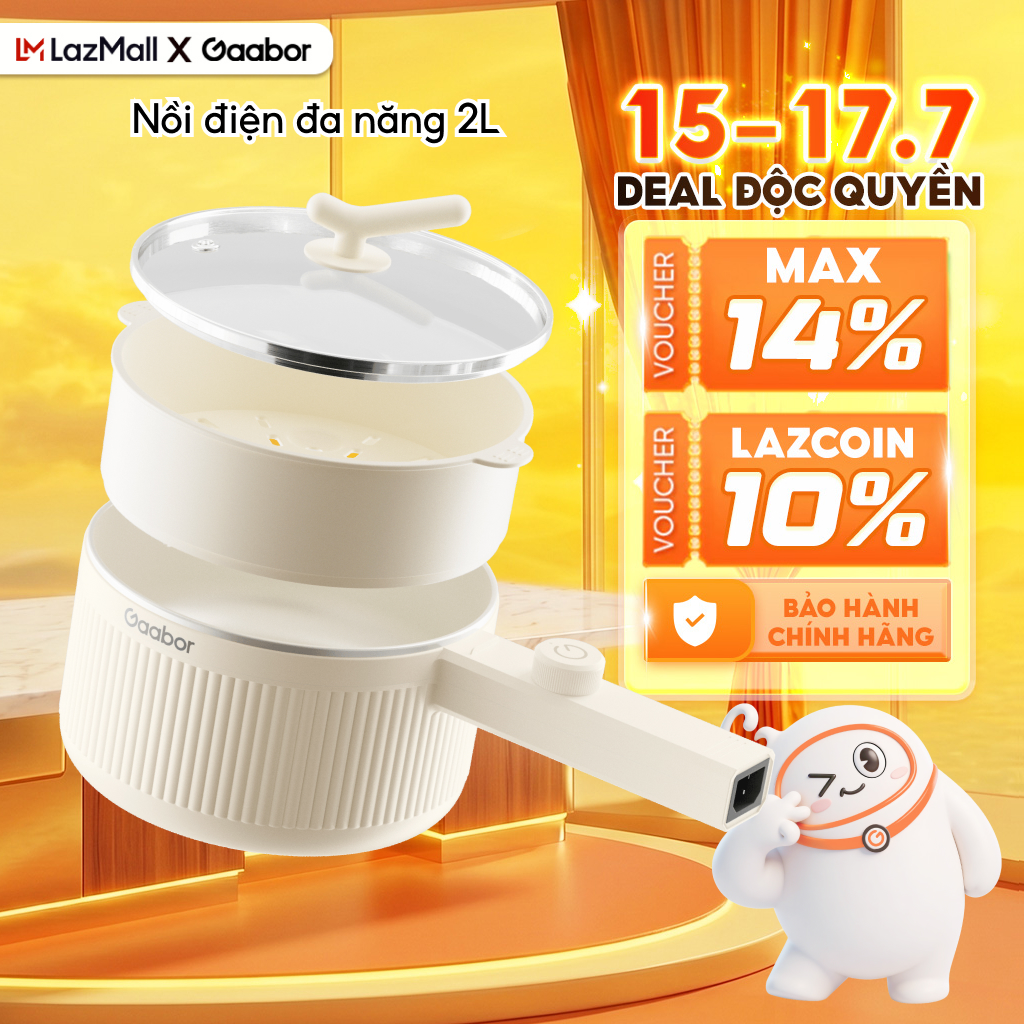 ( Kèm xửng hấp) Nồi đa năng dung tích 2L nồi điện công suất 600W cán dài chiên nấu xào hấp Gaabor  EC-20E01B - Bảo hành 12 tháng 1 đổi 1