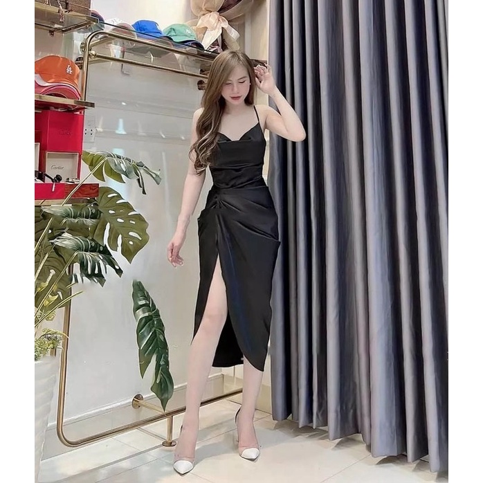 Đầm nữ kiểu dáng body 2 dây thiết kế xẻ tà chất liệu thun umi cao cấp thời trang HARI