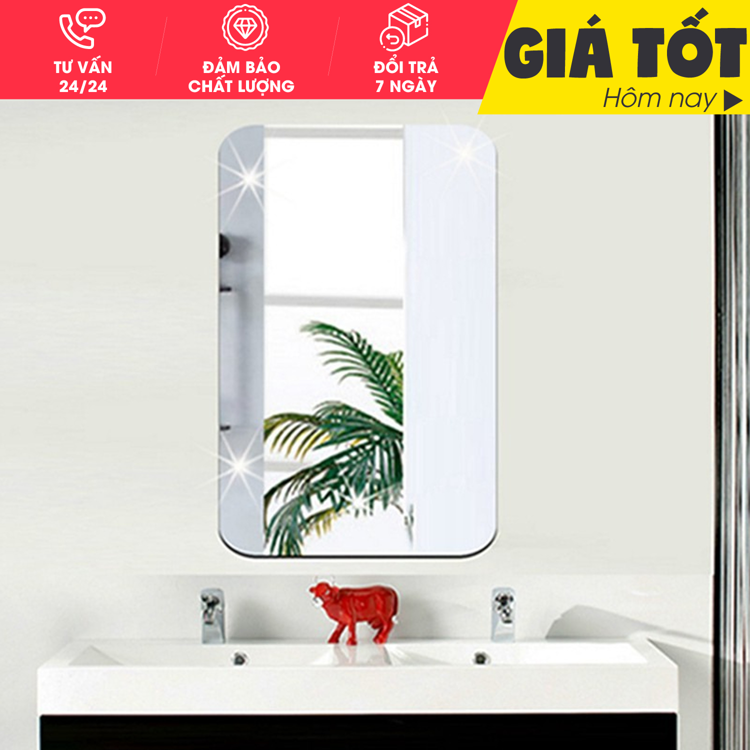 Gương dán tường- Gương dán tường 3D siêu rõ nét kích thước 42 x 27 hình chữ nhật, Gương Trang Điểm, Gương Soi Toàn Thân, Guơng Trang Trí Phong tắm