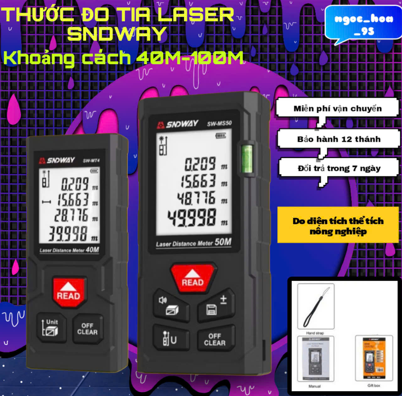   44  Thước Đo Khoảng Cách Bằng Tia Laser KAW-SND WAY Đo Lazer Đa Năng Đo Xây Dựng Nông nghiệp M40 M50 M70 M100 