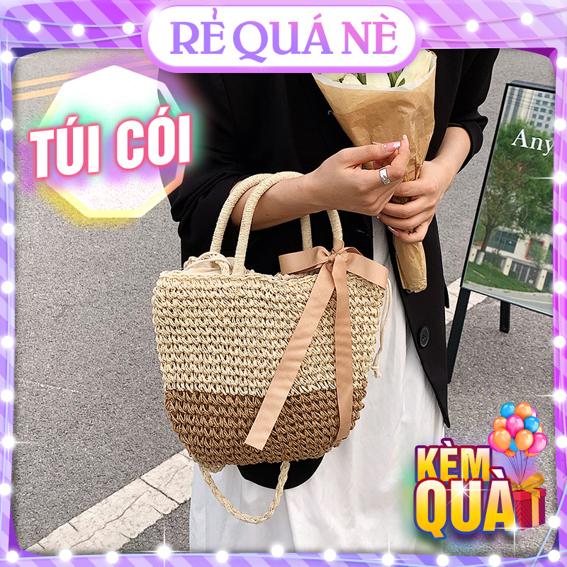 Túi cói đi biển phối nơ xinh miệng có dây rút rqn1111 - requane