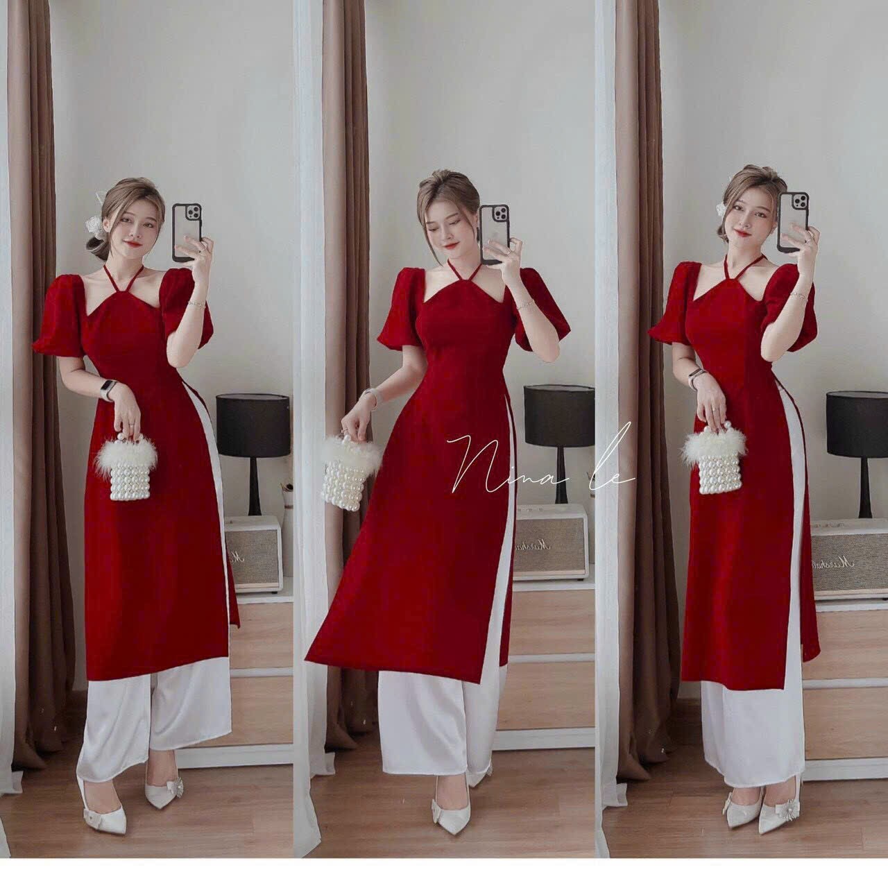 Áo dài cách tân màu đỏ đô cổ yếm tay phồng kèm quần lụa, áo dài cách tân bê tráp màu đỏ đô