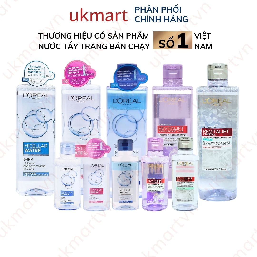 Nước Tẩy Trang Dưỡng Ẩm LOreal Paris Micellar Water 95ml-400ml (màu hồng) Tươi Mát (xanh dương nhạt)