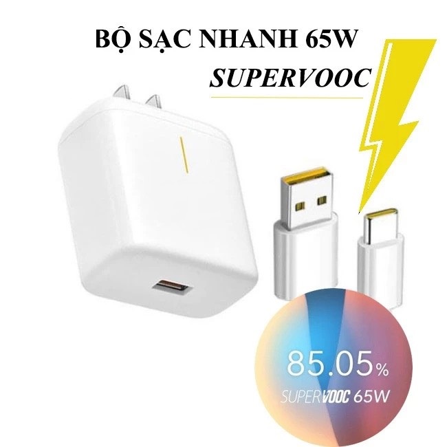 Bộ sạc nhanh 65w cáp sạc dây usb type-c siêu nhanh vooc bộ sạc cho oppo reno realme