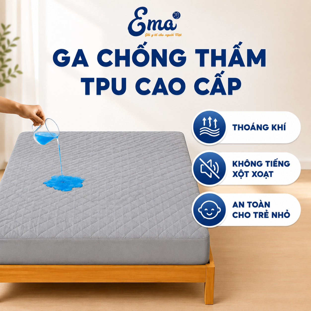 Ga bọc đệm chống thấm TPU thoáng khí EMA - Mềm mại, không xột xoạt, an toàn hơn PVC