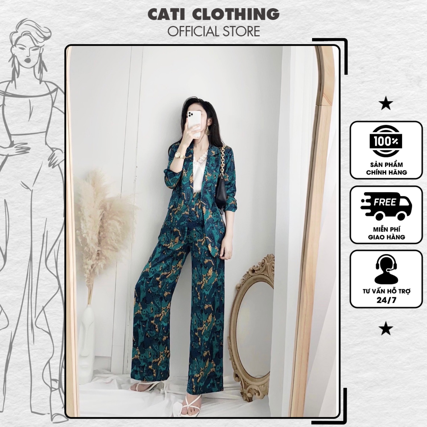 Set vest xanh lụa satin chanh xả siêu đẹp 2169