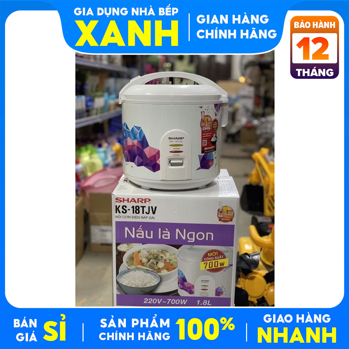 Nồi cơm điện Sharp 1.8 lít KS-18TJV (hàng trưng bày)sx Việt nam. sử dụng 4-6 người ăn- Lòng nồi bằng hợp kim nhôm chống dính bền, tiện vệ sinh.