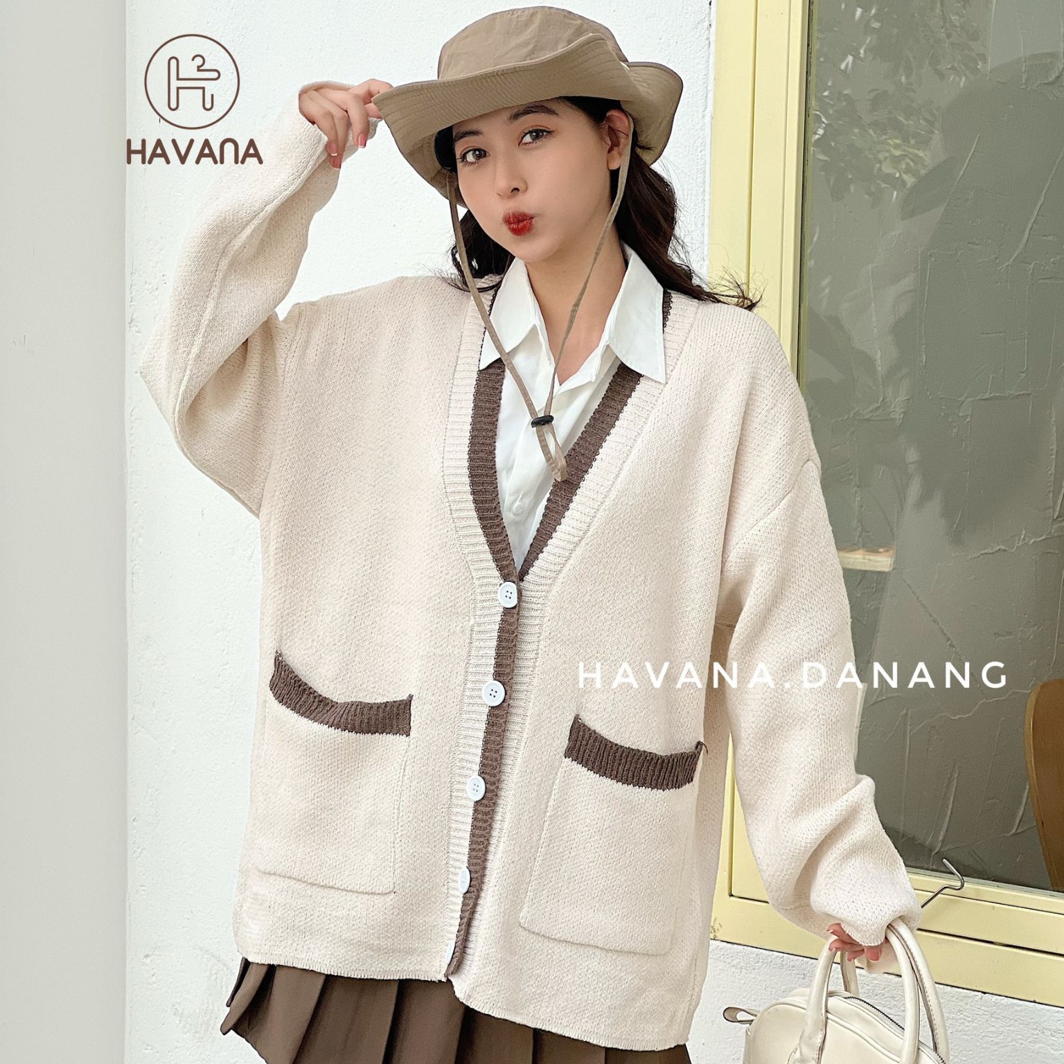 Áo cardigan len viền, áo len dệt kim hai túi