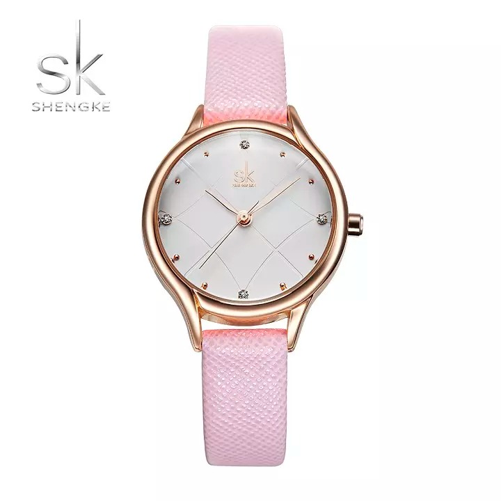 Đồng hồ nữ Chính Hãng Shengke Korea K8013 (Dây da hồng - vỏ vàng hồng)