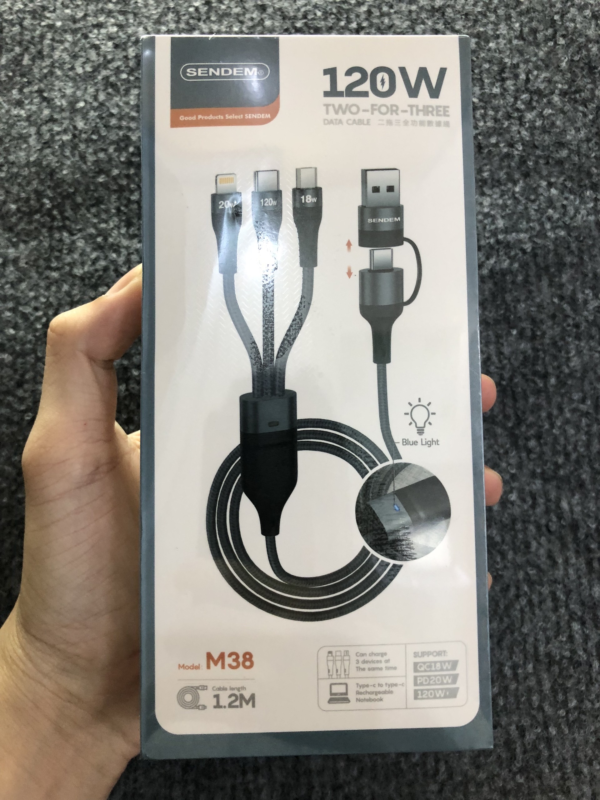 Cáp sạc 3 đầu m38 chính hãng sendem đa năng 3 in 1 có 2 đâu sạc lightning - micro - type c dây dù sạc