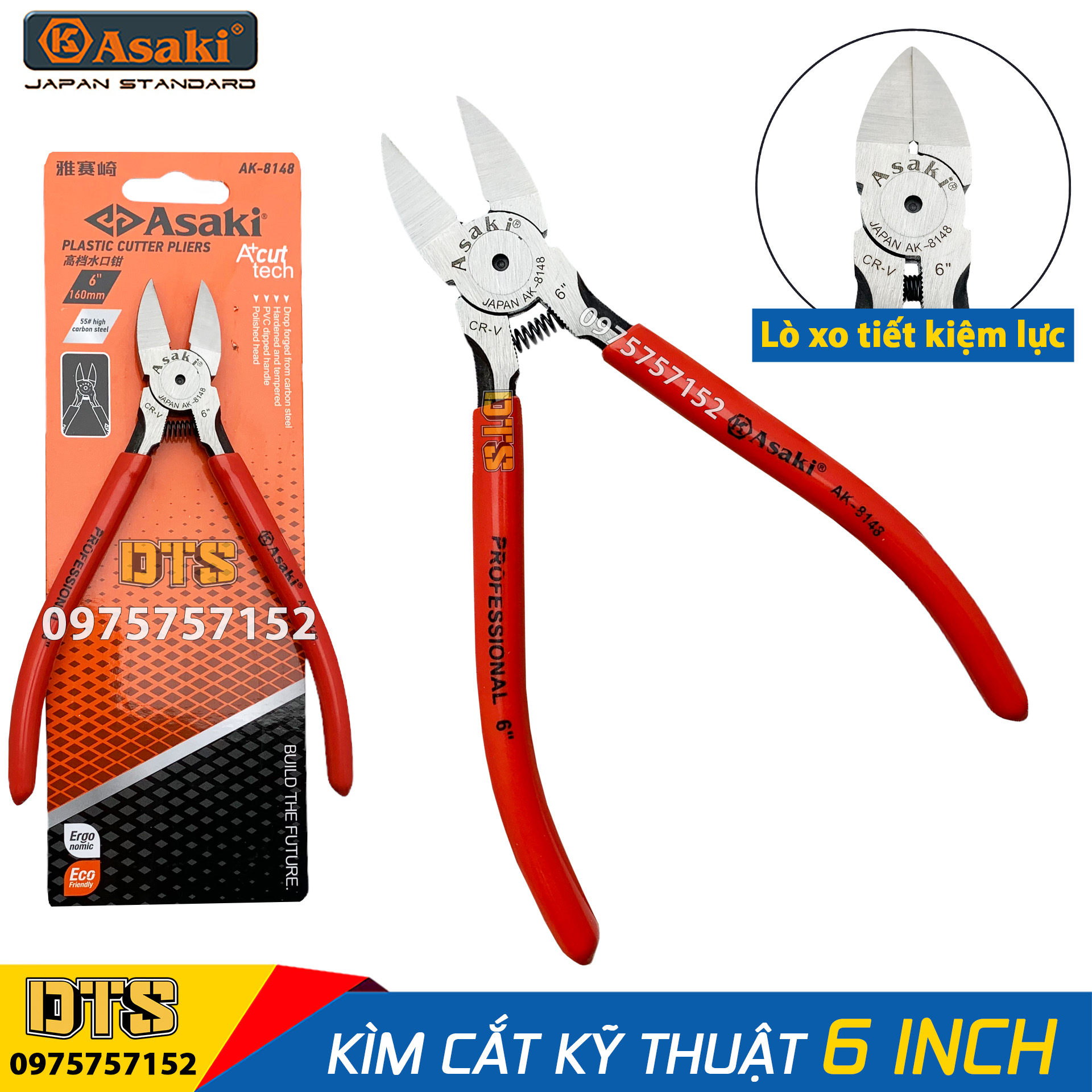 Kìm cắt kỹ thuật 6 inch Asaki JAPAN AK-8148 160mm, thép CR-V độ cứng cao, lò xo tích hợp tiết kiệm sức lực, kềm cắt dây điện, kìm cắt nhựa bavia, lưỡi cắt nhọn, vát mỏng, sắc bén, kìm cắt bavia nhựa, kìm cắt dây nhôm bonsai