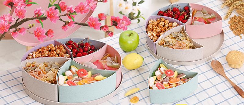 Khay đựng bánh kẹo, hộp đựng mứt kẹo, khay dung mut. mua ngay khay tròn 5 ngăn đựng bánh kẹo mứt tết từ nhựa sinh học lúa mạch cực an toàn và trang nhã.
