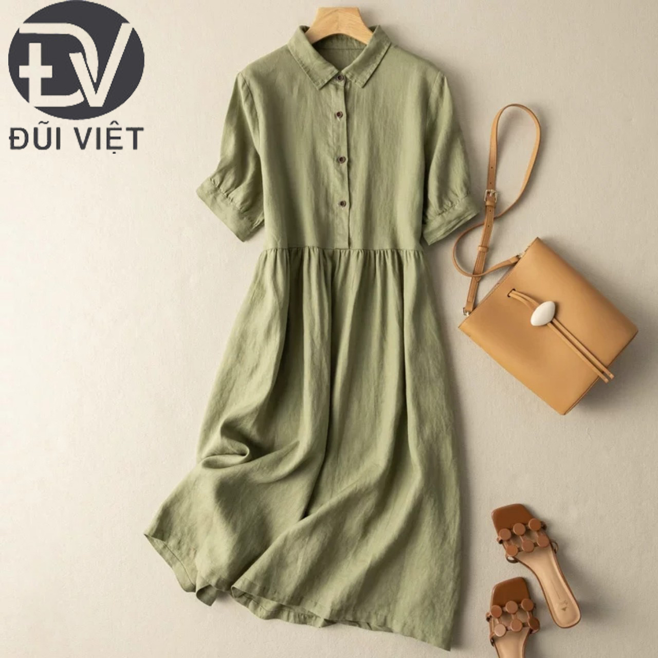 Váy suông dài cổ đức, đầm rộng cổ sơ mi chất đũi không nhăn siêu mềm mát cao cấp Đũi Việt