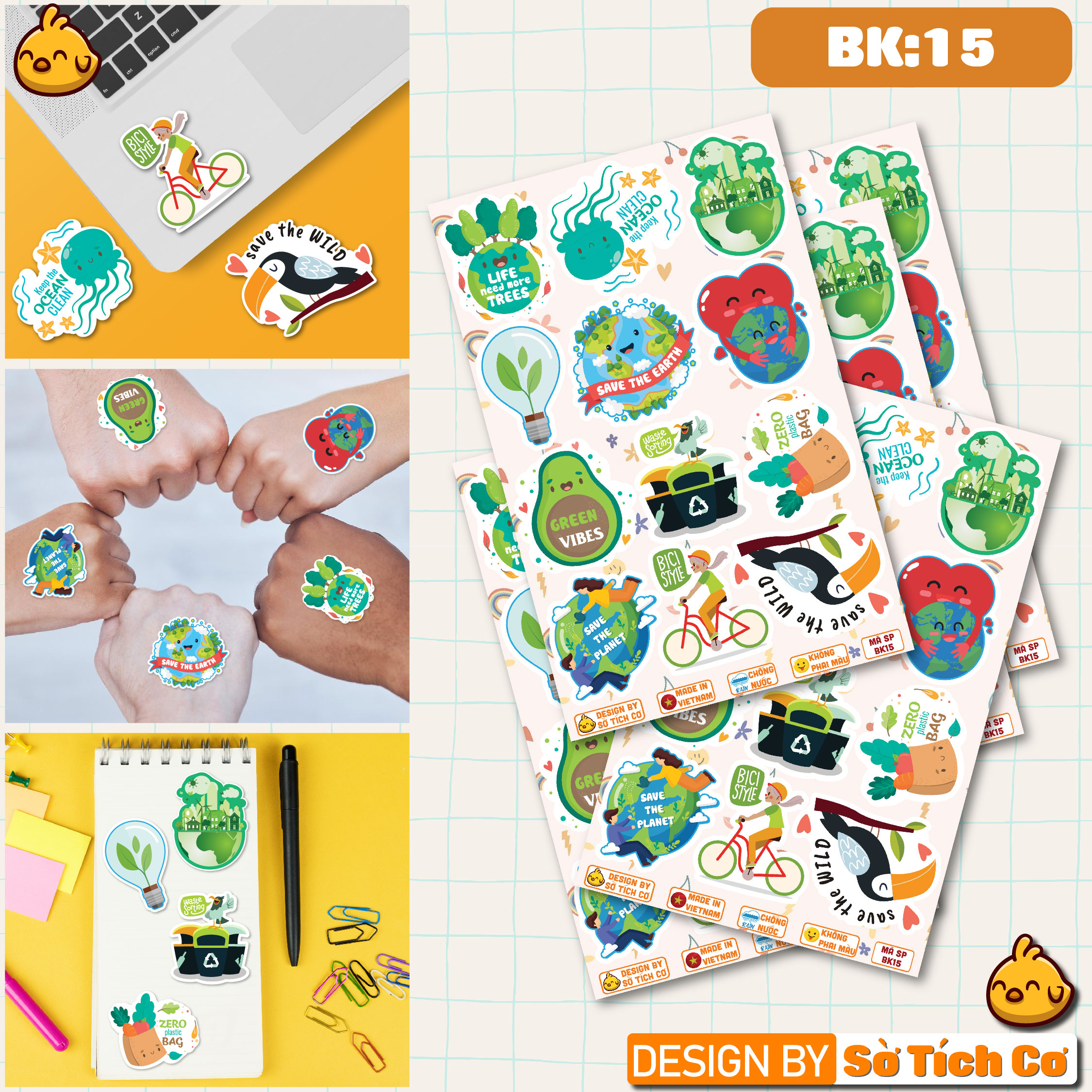 Set sticker save the earth - sticker dán sổ, điện thoại, laptop, mũ bảo hiểm, vali,... msp: bk15