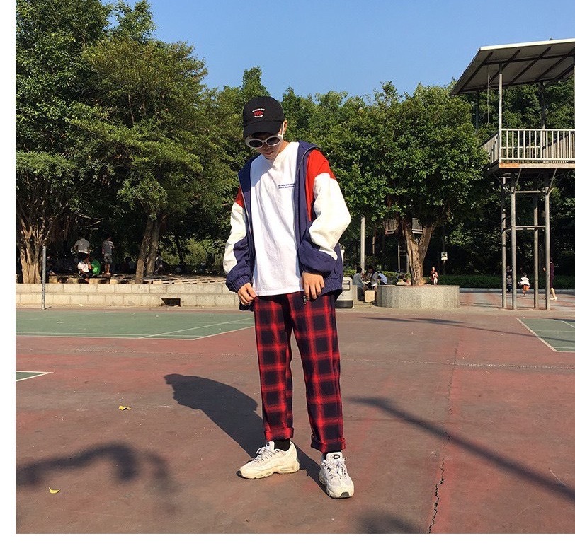 Nguyen Ngoan Fashion XẢ KHO Quần Kẻ Sọc Caro nam nữ đen, đỏ dáng suông Phong Cách Hàn Quốc /quần ống rộng kẻ caro đôi