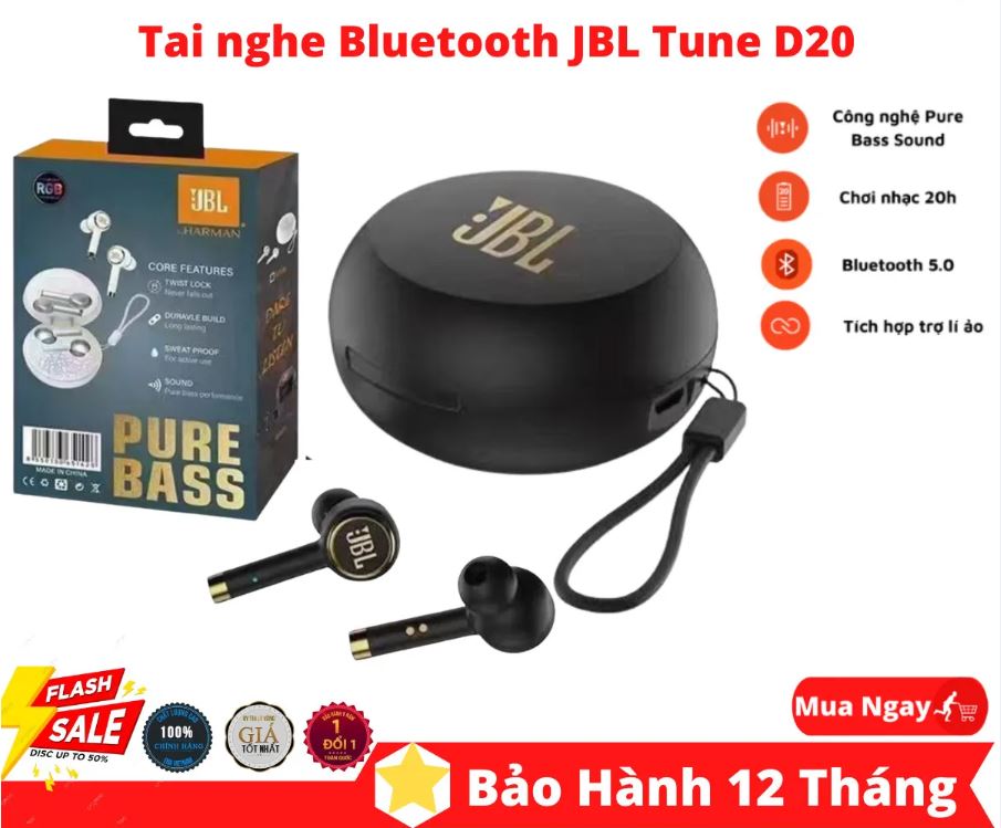 Tai Nghe Bluetooth True Wireless Jbl Tune D20, Đèn Led Rgb 7 Màu
