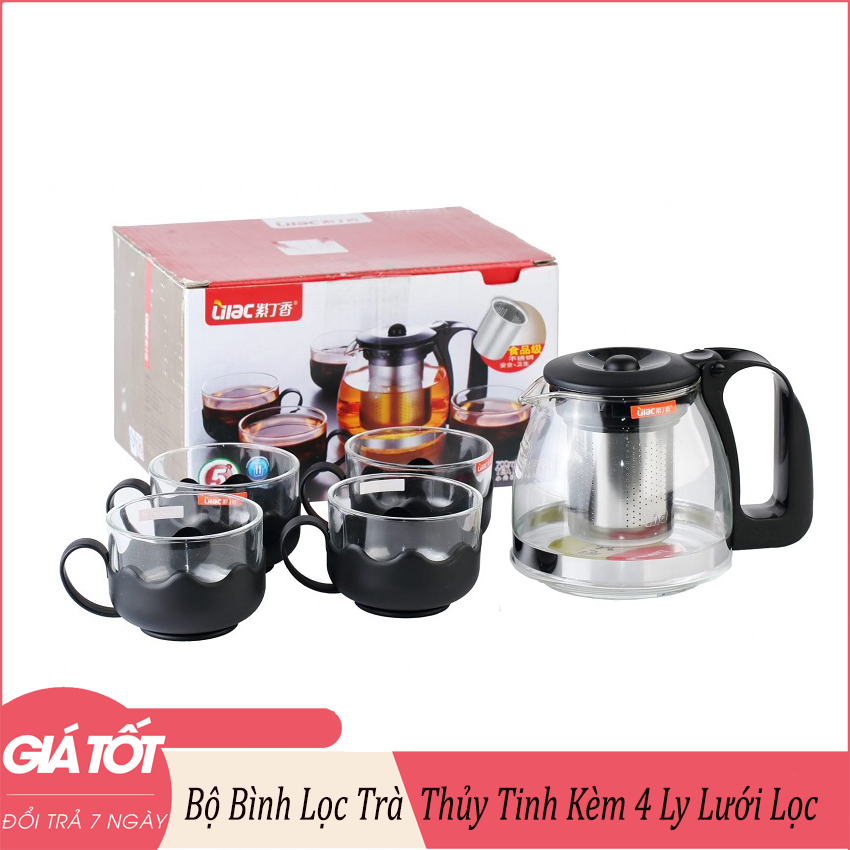 Bình trà - Bộ ấm trà thuỷ tinh có túi lọc INOX dung tích 700ML + tặng kèm 4 LY THUỶ TINH SG-T027 - Bình trà - Bộ ấm trà thuỷ tinh có túi lọc INOX