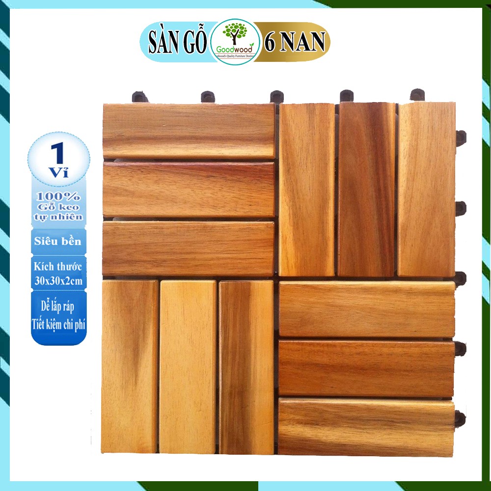[Freeship MAX] Combo 5 Tấm Sàn Gỗ Tự Nhiên Vỉ Nhựa Lắp Ghép Decor Phòng Khách, Ban Công, Nhà Tắm, Ngoài Trời Gỗ Keo Xuất Khẩu - 1 tấm kích thước 30x30 cm dày 2.5 cm