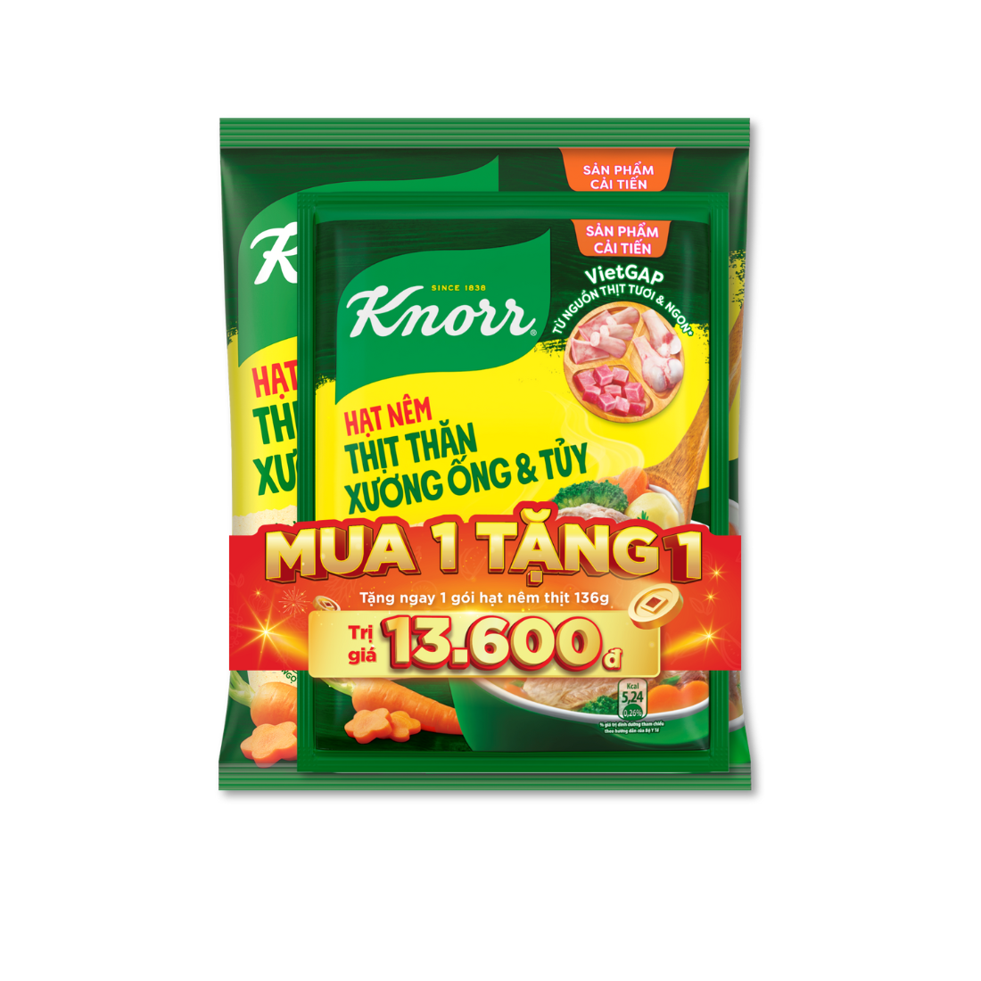 [Tặng kèm gói 136g] Hạt nêm Knorr Thịt Thăn Xương Ống & Tủy 900g