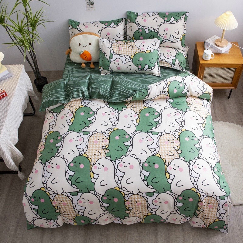 Bộ Chăn Ga Gối Cotton Poly - Khủng Long Cute ( 1 Drap + 2 Vỏ Gối Nằm + 1 Vỏ Chăn ) Tiệm Nhà Cá