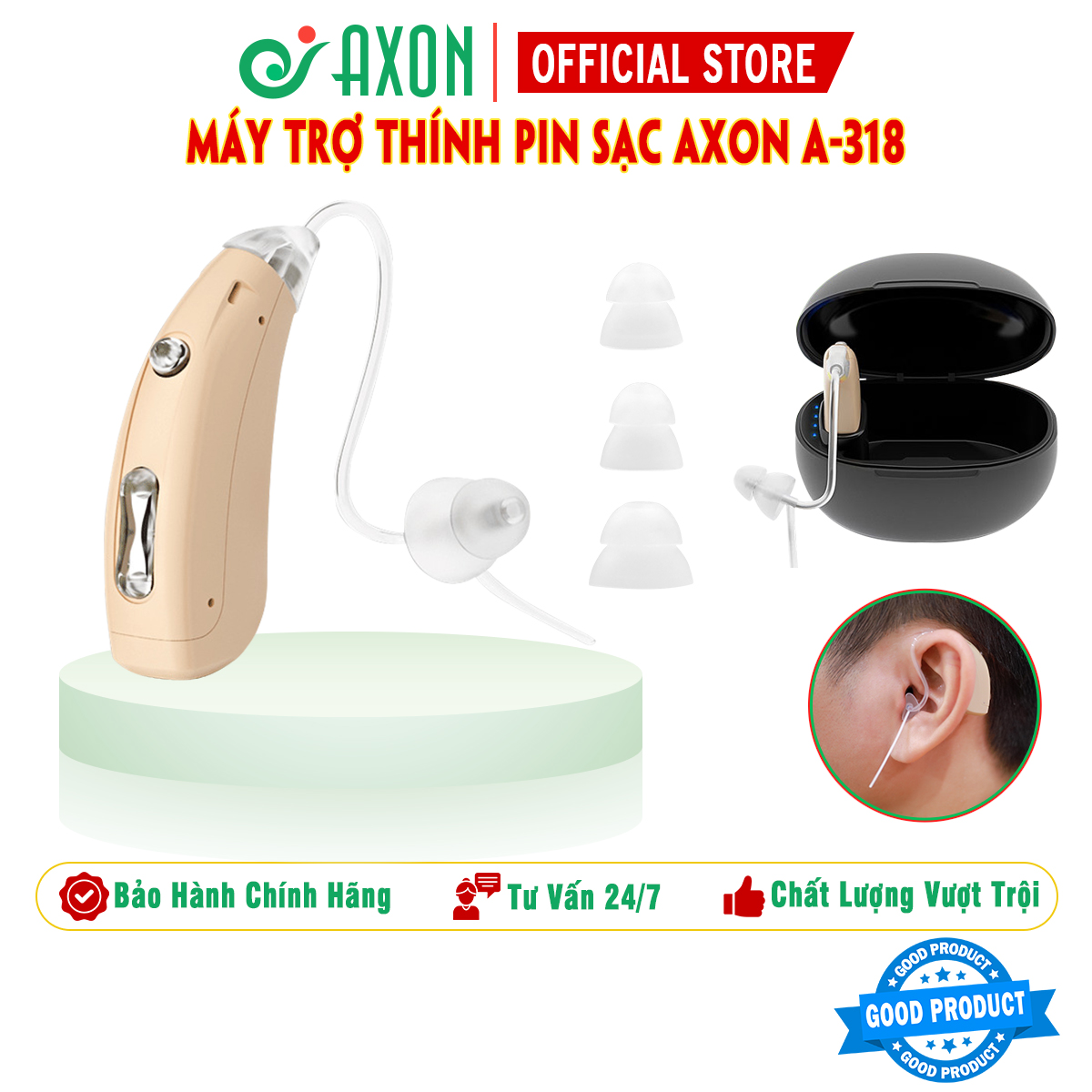 Máy trợ thính không dây Axon A-318 - Pin sạc chạm thông minh, 3 chế độ nghe linh hoạt