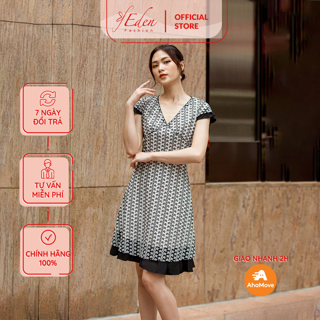 Đầm ren 2 lớp đẹp thiết kế thời trang Eden cổ chữ v tay ngắn - D429
