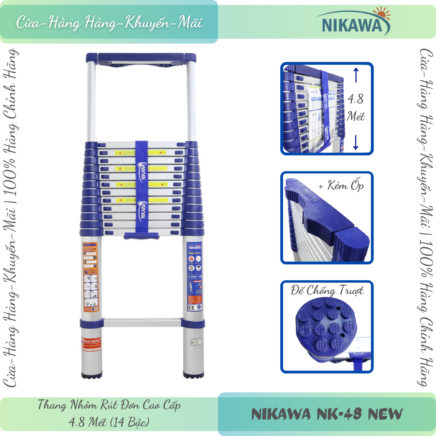 Nikawa nk-48 new, 4.8 mét | thang nhôm rút xếp gọn 4.8 mét nikawa nk-48 new - thang rút điện lực, viễn thông & gia đình - hàng chính hãng