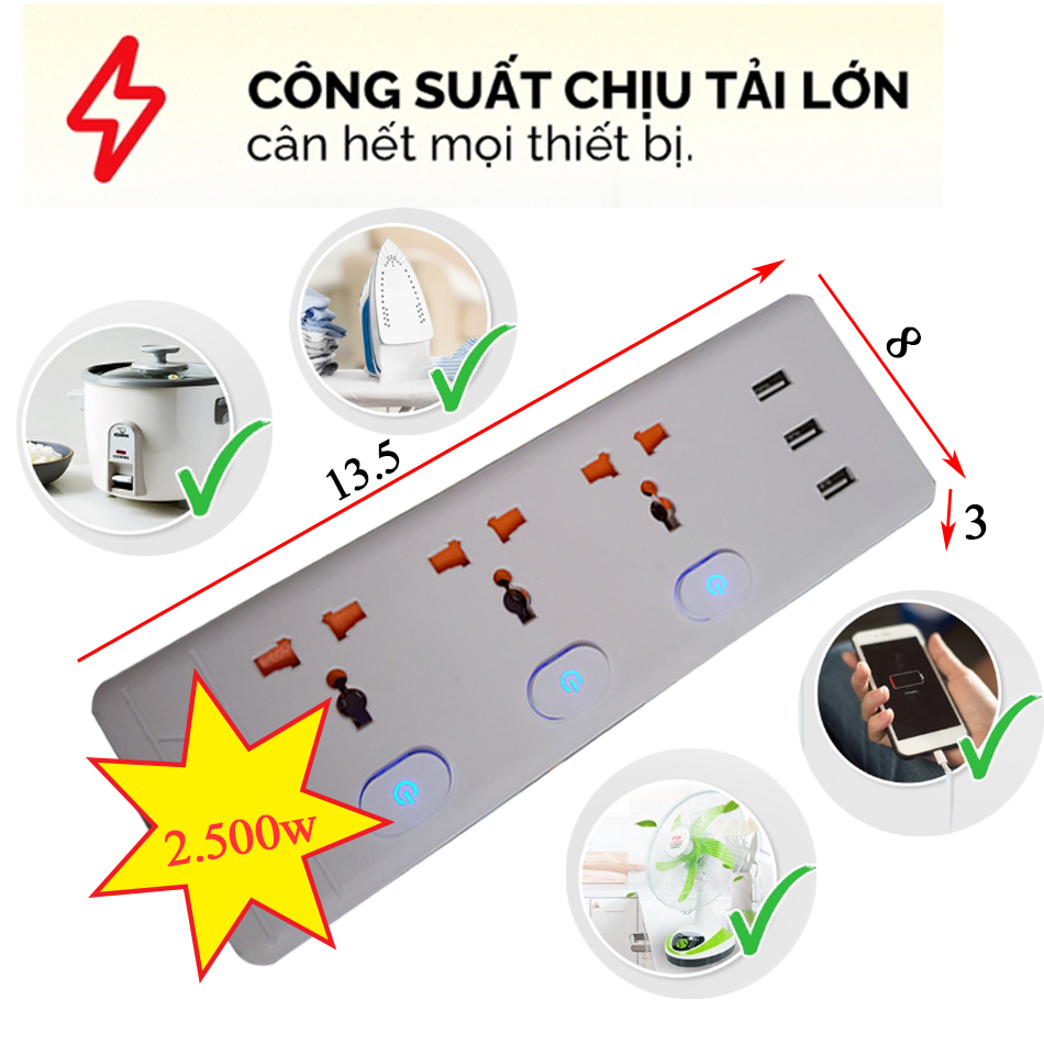 Ổ cắm điện đa năng Có USB Cao Cấp, Màng Che Chống Dật, Công Tắc ON/OFF Từng Ổ, Dây 3m/5m - an toàn chống quá tải