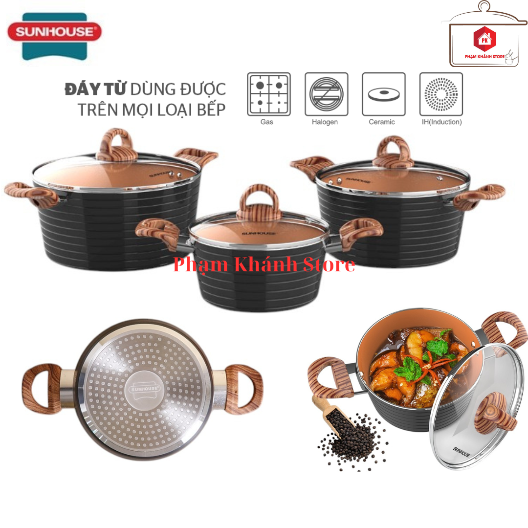 Bộ nồi chống dính ceramic đáy từ sunhouse sử dụng được trên mọi loại bếp