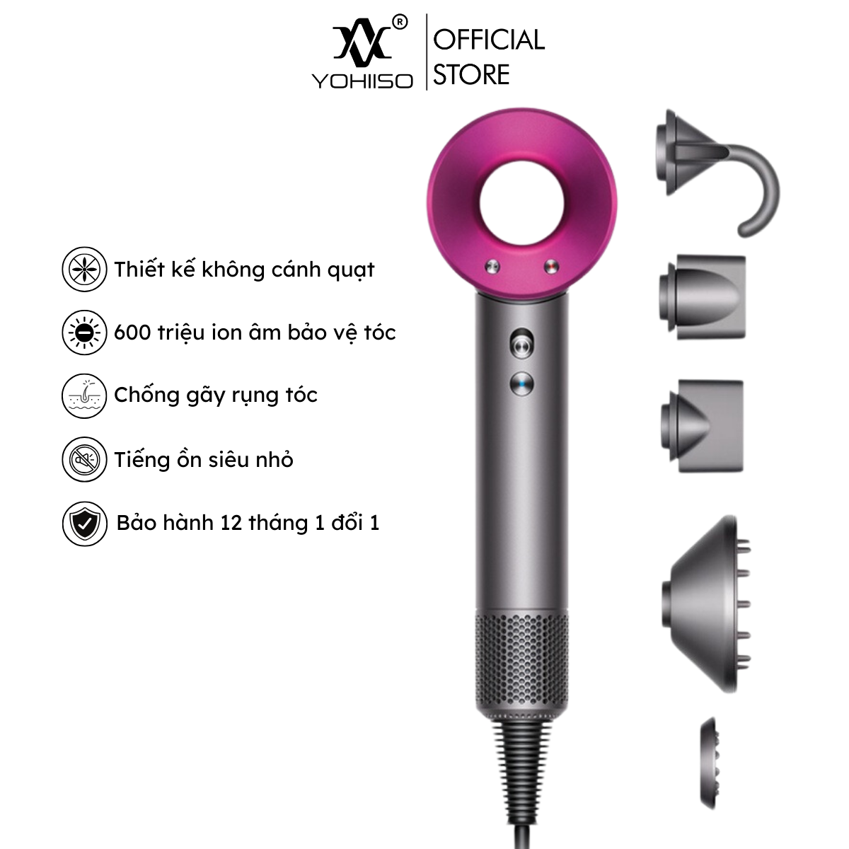 Máy sấy tóc ion âm yohiiso, máy sấy tóc 2 chiều không cánh quạt sấy tạo kiểu nhanh ít tiếng ồn, bảo vệ tóc