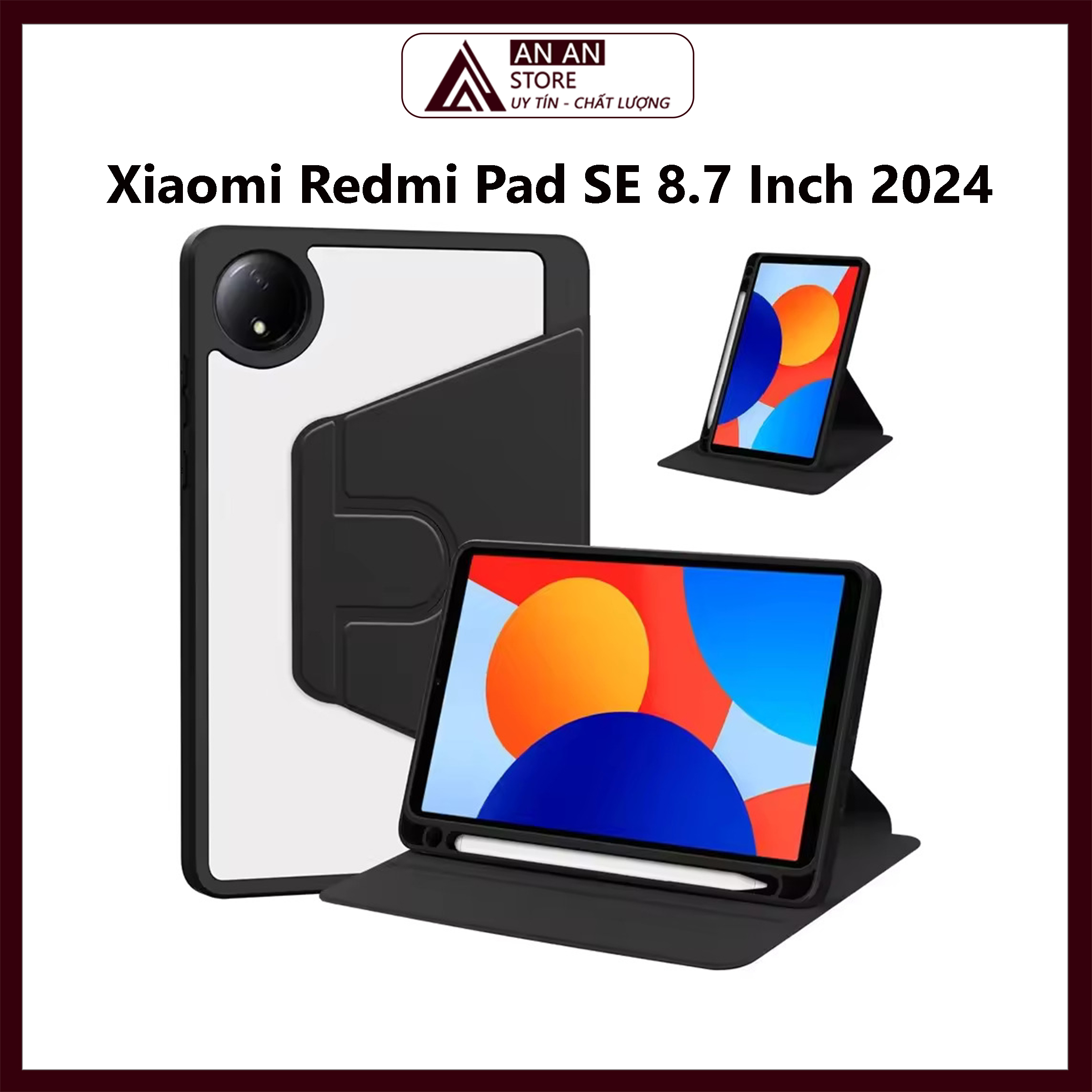 Bao Da Cover Cho Xiaomi Redmi Pad SE 8.7 Inch 2024 Lưng Trong Xoay 360 Độ Khe Bút Smart Cover Máy Tính Bảng