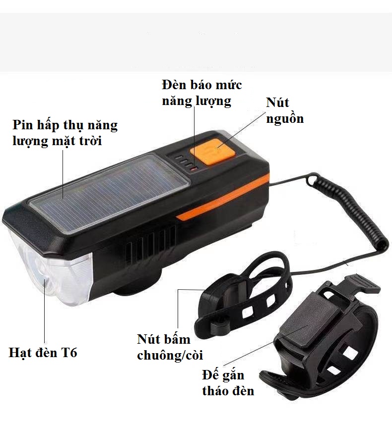 Đèn còi, đèn pha gắn xe đạp ánh sáng mạnh nguồn nạp từ sạc USB và năng lượng mặt trời
