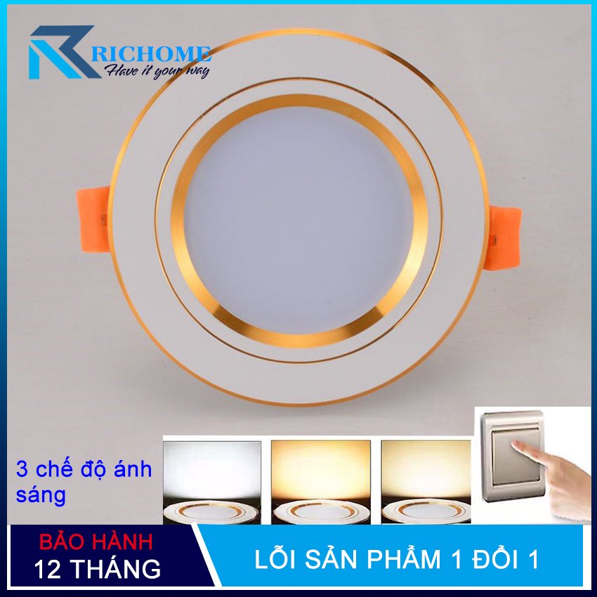 Đèn led âm trần 12w tròn viền vàng ánh sáng trắng hoặc 2 màu 3 chế độ