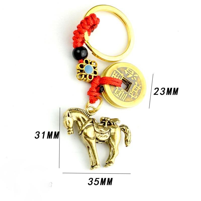 Móc khóa mã đáo thành công phong thủy ngựa và 5 đồng xu chiêu tài.