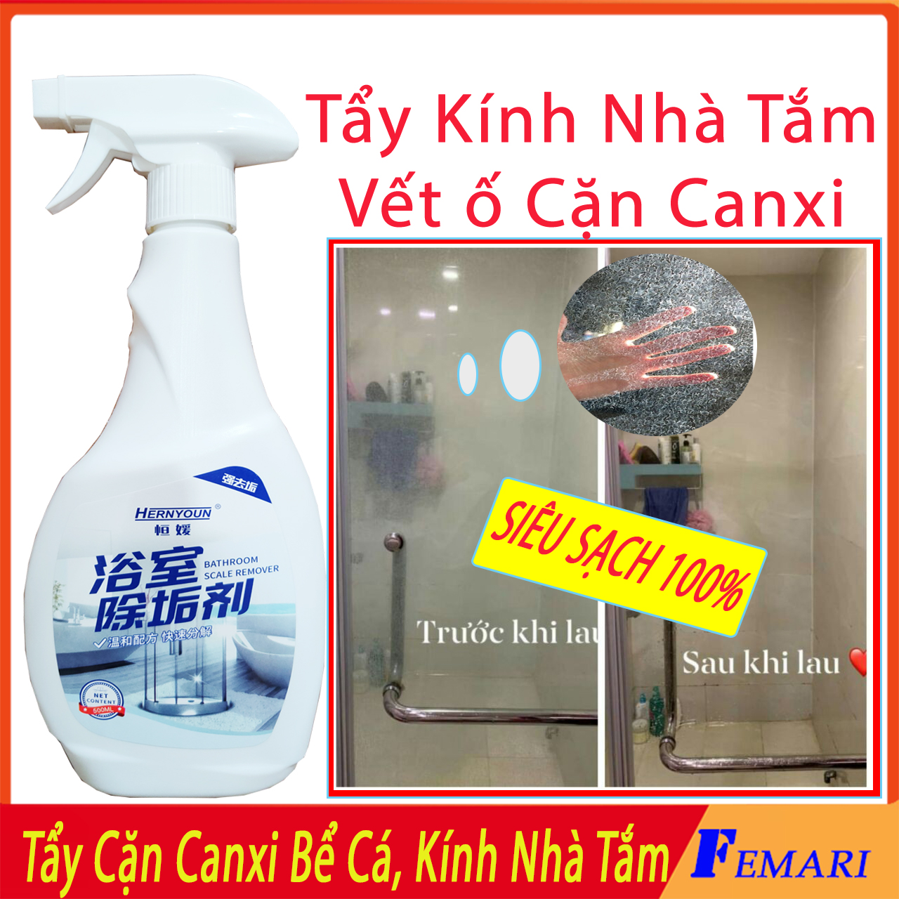 [ Siêu Sạch ] Vệ Sinh Kính Nhà Tắm - Dung Dịch Làm Sạch Vòi Rửa Inox, Sen - Tẩy Cặn Canxi Vách Kính, Bể Cá - Tẩy Trắng Bồn Rửa FEMARI