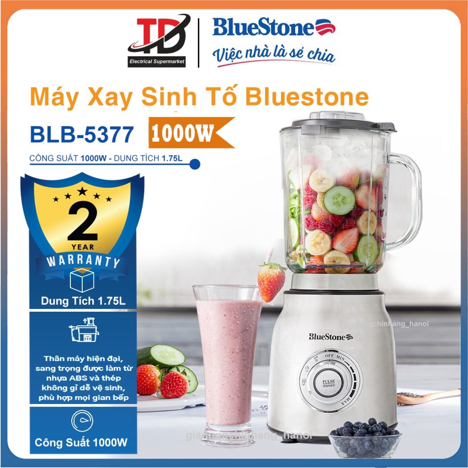 Máy xay sinh tố bluestone blb-5377, 1000w-1.75lit, 4 chế độ xay sinh tố, rau củ, nhồi và xay đá chuyên biệt
