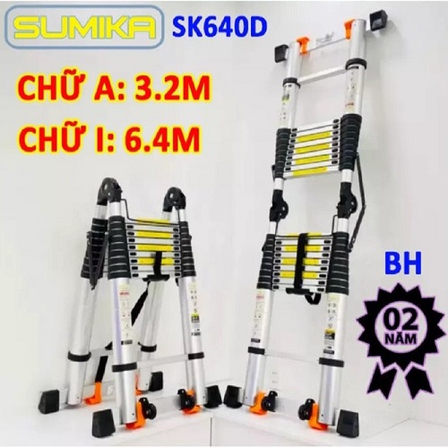 [ TUẦN LỄ VÀNG + GIẢM GIÁ HẤP DẪN ] Thang nhôm rút Chữ A SUMIKA SK640D ( Chữ A 3m2 : Chữ I 6m4 ) NEW Màu Bạc, tải trọng 300kg dễ dàng xếp gọn