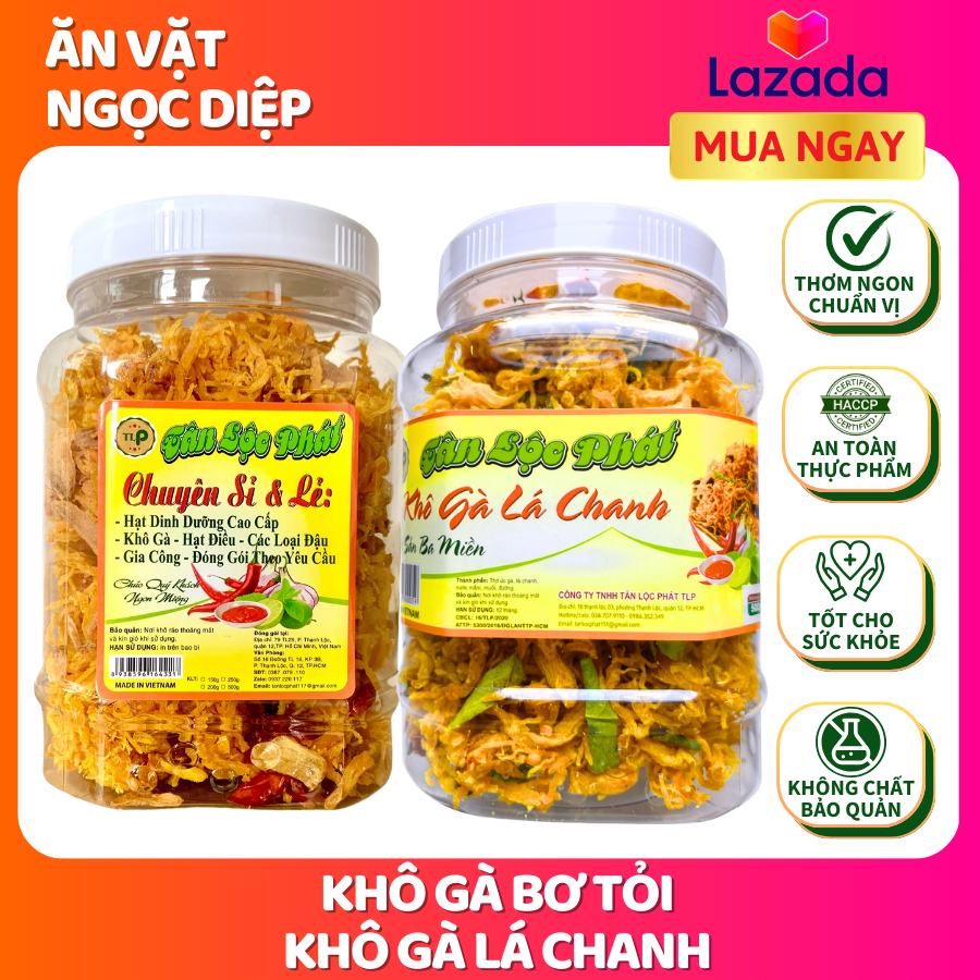 KHÔ GÀ LÁ CHANH  VÀ KHÔ GÀ BƠ TỎI TÂN LỘC PHÁT 1KG - COMBO 2 HŨ 500G