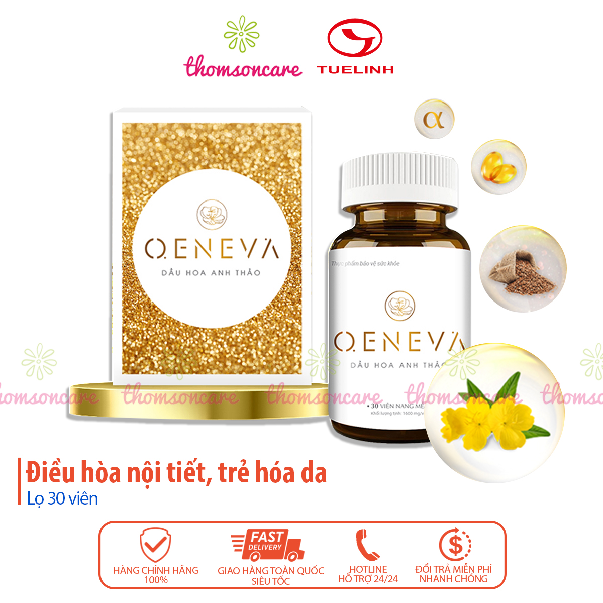 Cân bằng nội tiết, giảm lão hóa từ Dầu hoa anh thảo Oeneva của Dược Tuệ Linh - đẹp da Oen Eva hộp 30 viên