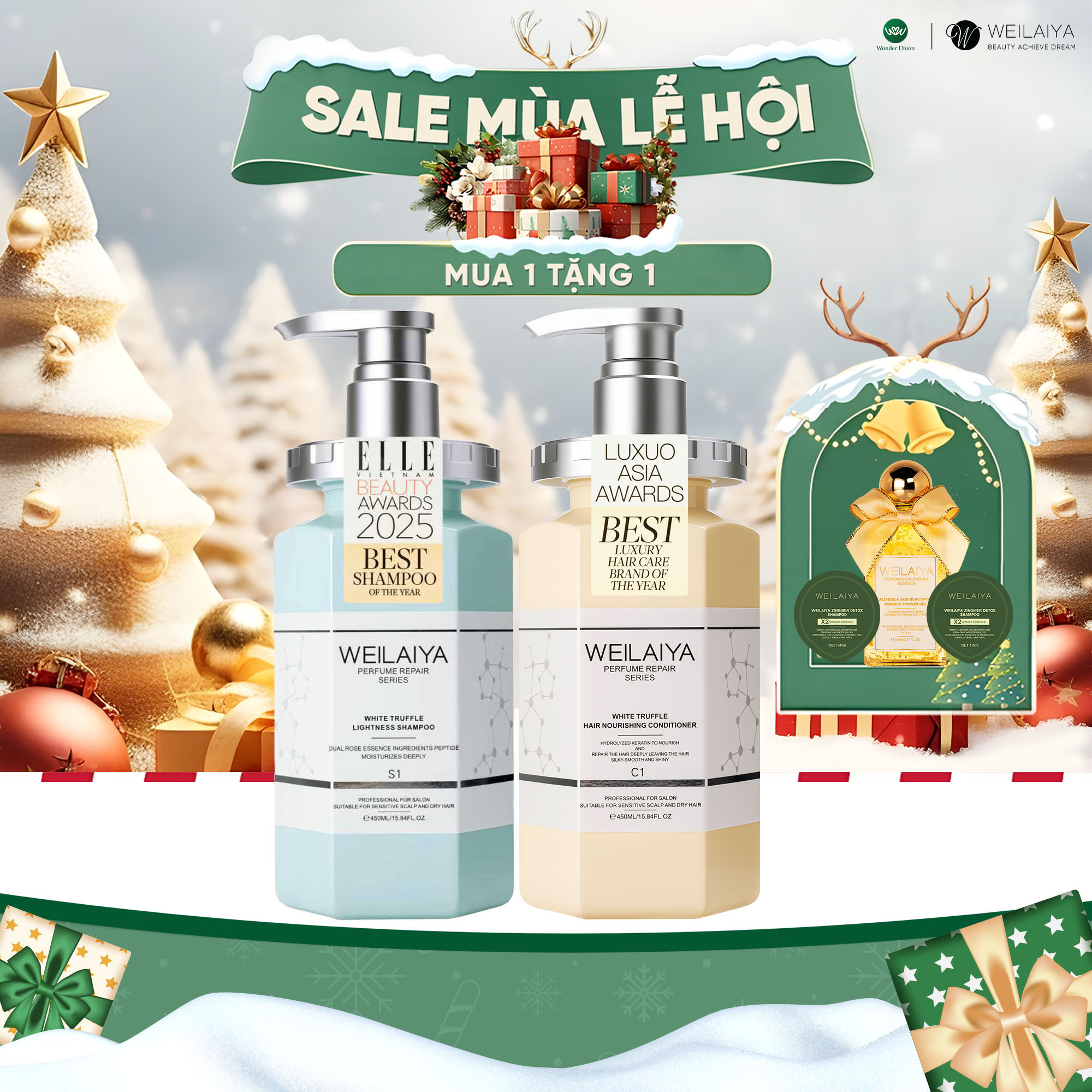  Cặp dầu gội đầu dầu xả tóc Weilaiya chiết xuất nấm Truffle giúp chống lão hóa da đầu và mượt tóc cho tóc hư tổn 450ml 